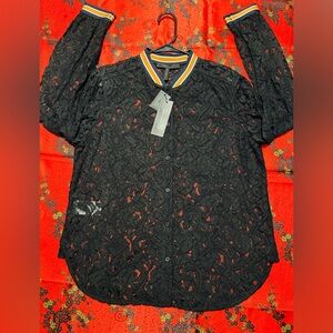 New BCBGMaxAzria Black Lace Blouse with Striped Collar & Wrist Accents